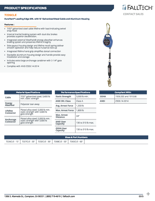 15' Leading Edge 7/32" Galv Cable SRD DuraTech w/Steel Swivel Snaphook (PN 7226CLE)