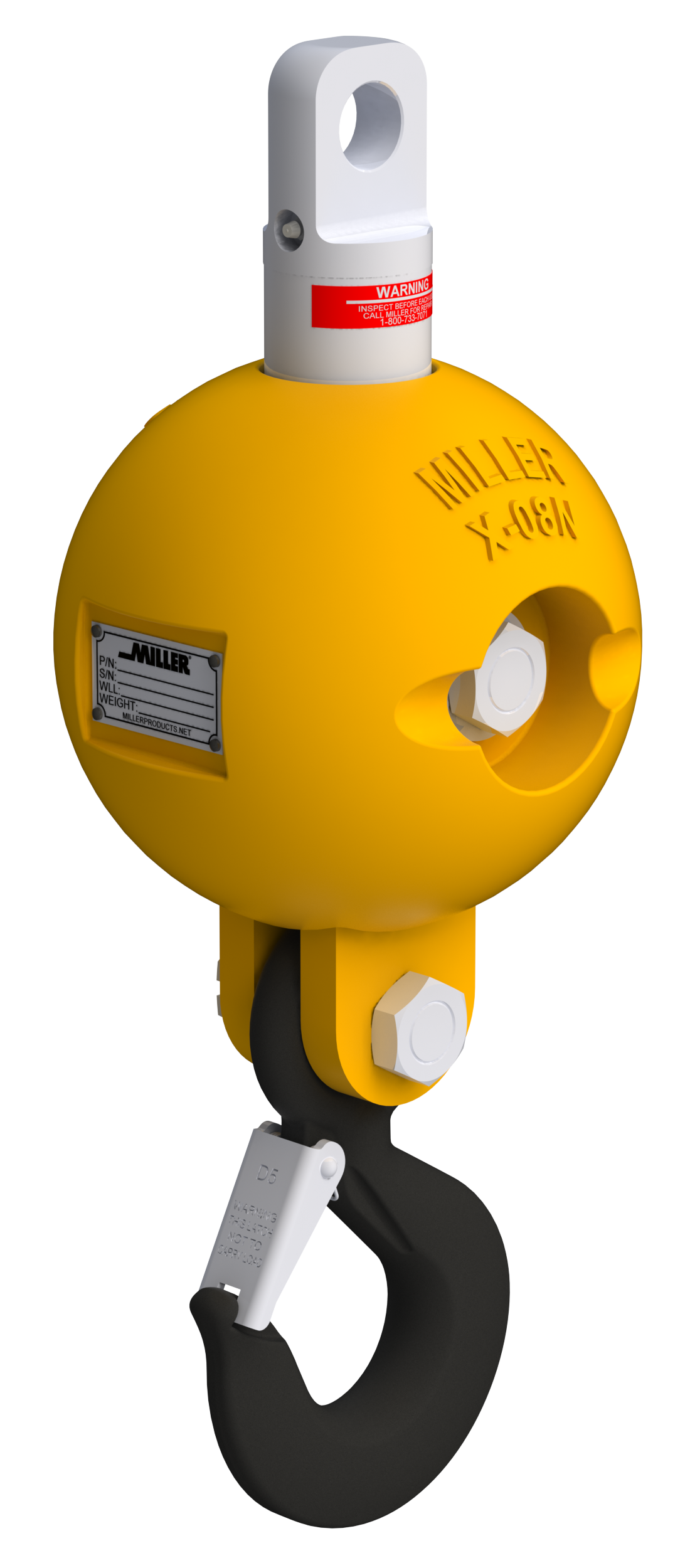 Miller Overhaul Ball Assembly, Model HB13E-2N, Type-Eye to Hook, Swivel Model: H-212, WLL 25 TON; WT413 LBS