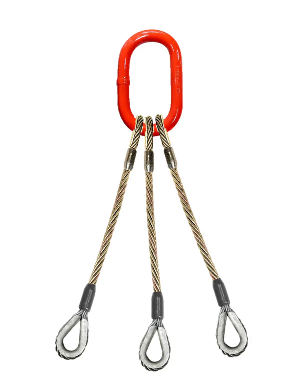 1/2" x 8' 3-leg wire rope sling with oblong master link on top and thimble eyes on bottom