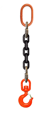 Single-leg chain assembly with oblong master link on top and swivel rigging/latch hook on bottom