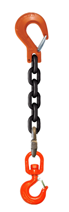 Single-leg chain assembly with rigging/latch hook on one end and swivel rigging/latch hook on other end