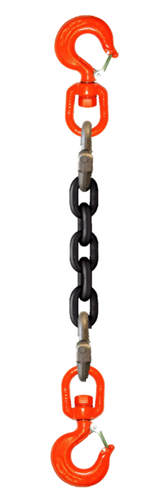 Single-leg chain assembly with swivel rigging/latch hooks on each end