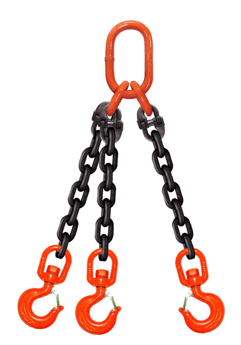 Triple-leg chain assembly with sub-assembly on top and swivel rigging/latch hooks on bottom