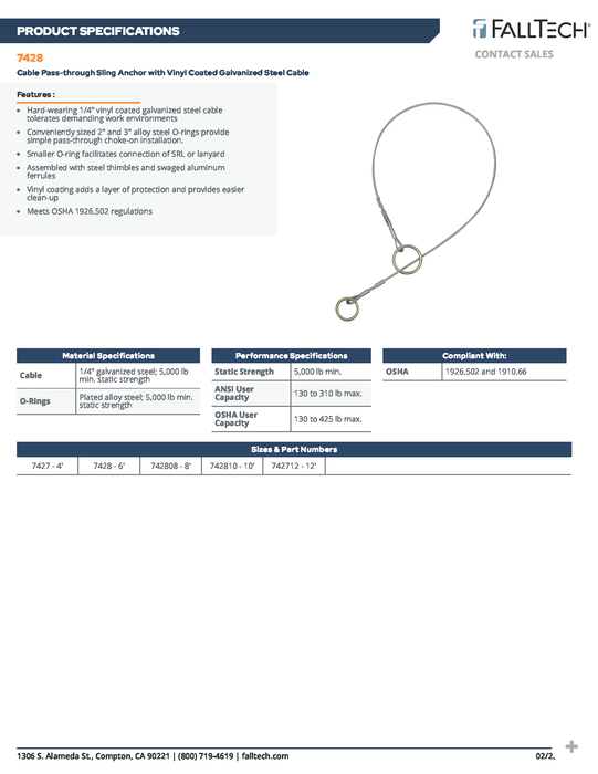 6' Cable Pass-Through Sling Anchor, Coated (PN 7428)