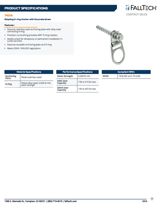 Rotating D-Ring Anchor w/Concrete Screw (PN 7451A)