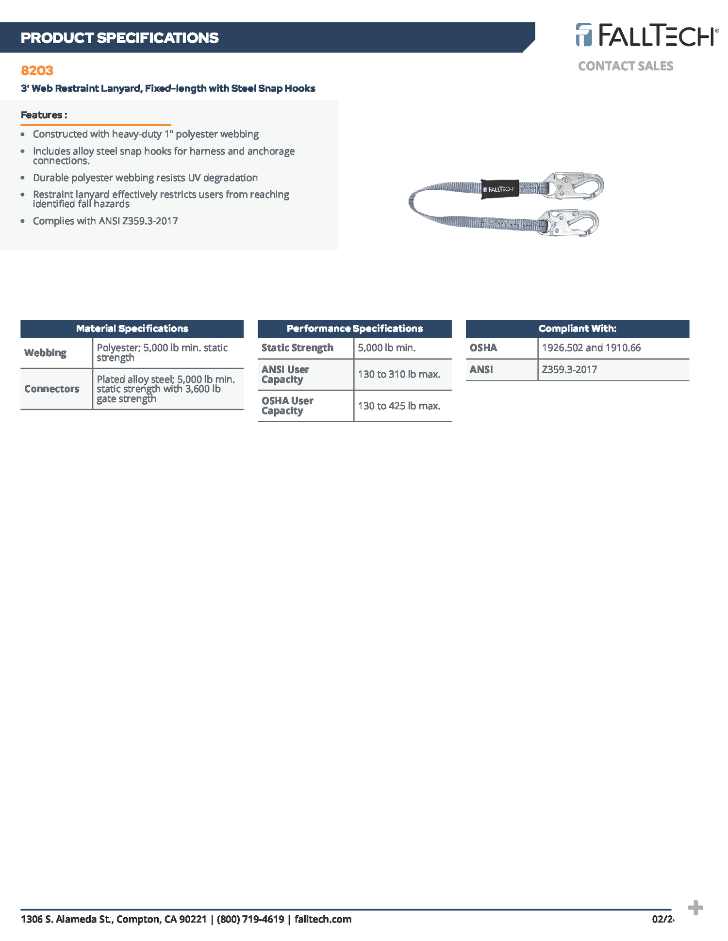 6' Restraint Lanyard; Web with Snap Hooks (PN 8206)
