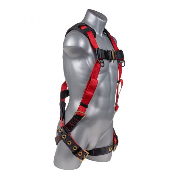 HARNESS 5PT., PADDED BACK, PADDED GROMMET LEGS, BACK D-RING. RED/BLACK COLOR