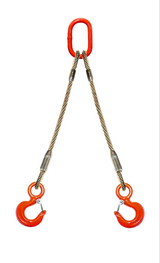 Two leg wire rope bridle with oblong master link on top and rigging/latch hooks on bottom