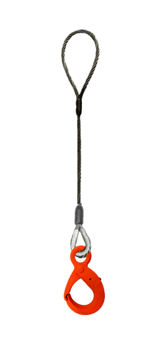 Single leg wire rope bridle with standard eye on top and self locking hook on bottom