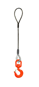 Single leg wire rope sling with standard eye on top and swivel rigging/latch hook on bottom